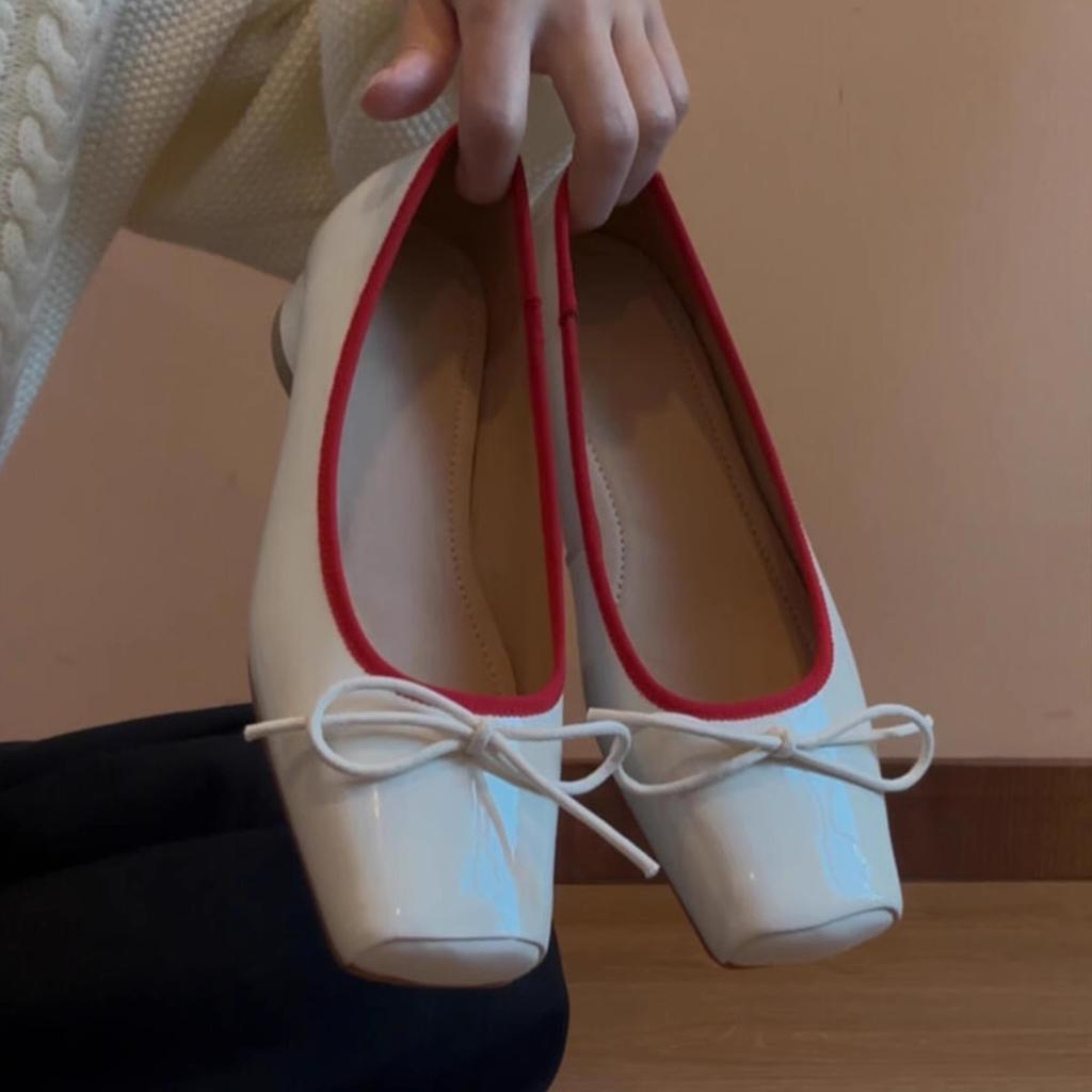 Schafsleder-Version~ Schleife quadratische Zehe personalisierte Leder Einzel Schuhe Damen niedriger Absatz ein Pedal leichter Mund mit Rock Mary Jane Schuhe