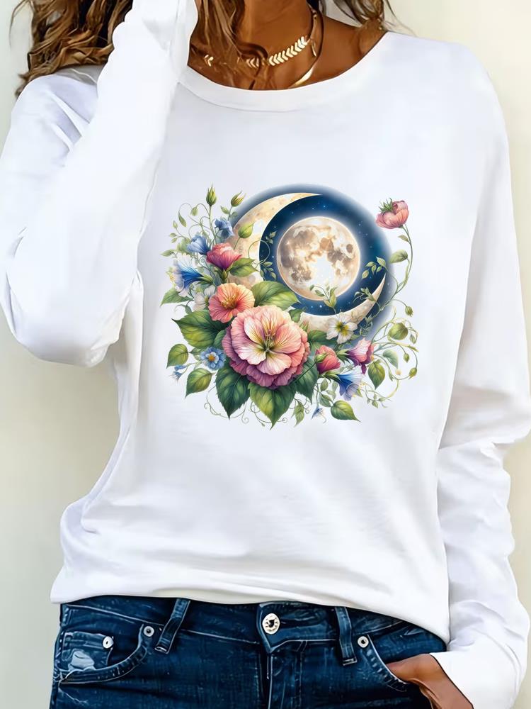 (Asian Size) Tee Lady Printed o-neck trend flower lovely Long Sleeve T Shirt Women Female Clothing Casual Fashion Top Graphic T-shirts
