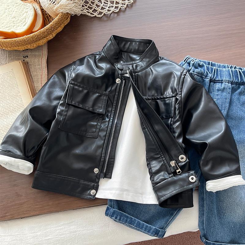 Boys Thin Faux Leather Jacket Spring Autumn Cool Kids Coat Baby Fashion Outerwear