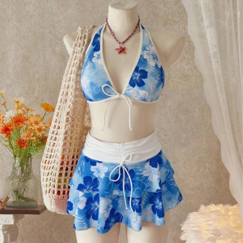 

Elegant Floral Color Block Swimsuit Women Triangle Halter High-Waist Bikini Set Cover Up Skirt Micro Bikini Three-Piece XS синій