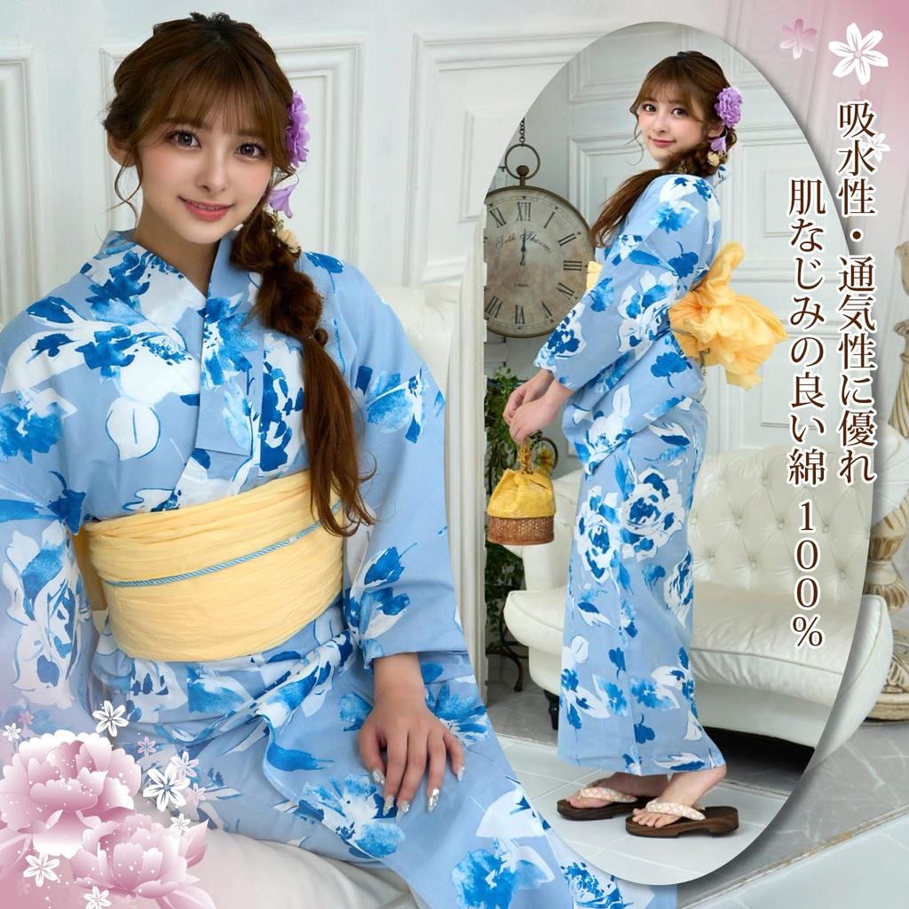RAVIR Yukata White and Blue Bold Floral Fluffy Obi and Geta One Size Fits All Women's 3-Piece Set, Contrast, Pattern, Belt, Sandals, Blue,