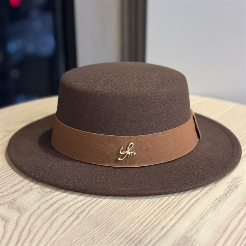New Classic Flat Top Woolen Top Hat Female Autumn and Winter Socialite Style Bucket Hat British Fashion Versatile Felt Hat Trend