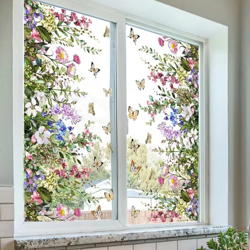 Floral Butterfly Window Static Cling 1/2 Sheets Wildflower Pattern Sticker for Birthday Party Window Decoration