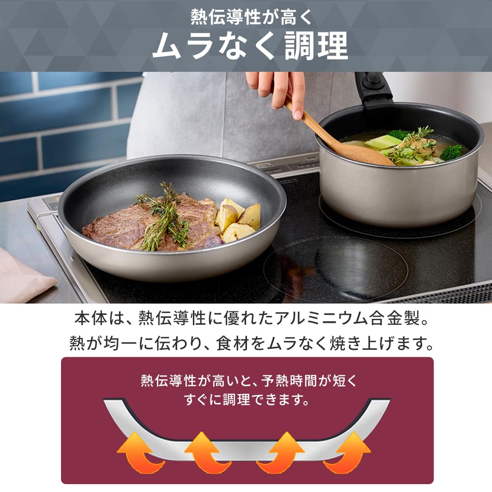 IRIS OHYAMA Frying Pan Set with Diamond Coated Removable 3 Metallic Brown 12-Piece Pans, Induction/Gas Compatible, Handles, Lightweight, Colors,