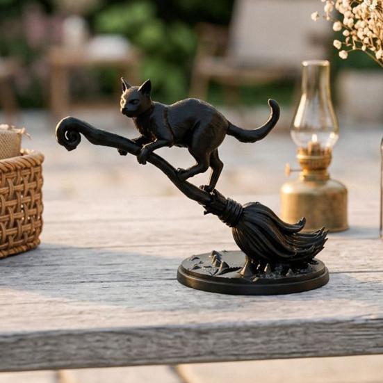 Durable Pla Craft Black Cat On Witch Broom Figurine, 3D Printed Broomstick Statue, Halloween Table Decoration Tabletop Ornament for Tiered Tray, Desk,