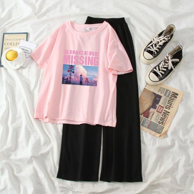 

Женский летний повседневный костюм из 2 предметов, футболка с короткими рукавами и свободные брюки, комплект из двух предметов, студенческий костюм с широкими брюками