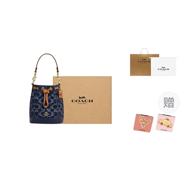 Coach Signature 14 Klassisches Logo Abnehmbarer Schultergurt Stoff und Leder Beuteltasche Mini Damen Taschen Denim-Blau CY740-IMXIA