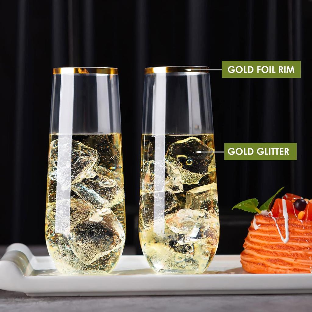 48 Pack Plastic Stemless Champagne Flutes, Disposable Unbreakable 9 Oz Toasting Glasses With Gold rim, Fancy & Shatterproof Champagne Glasses