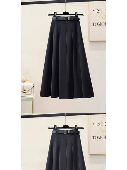 Women's Plus Size High Waist Woolen A-line Pleated Skirt - Spring/Autumn Mid-length Skirt