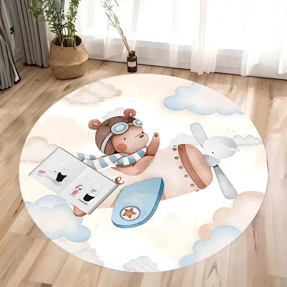 Pilot Teddy Bear Scissors Round Carpet for Living Room Coffee Tables Bedroom Large Area Rug Home Decoration Anti-slip Floor Mat