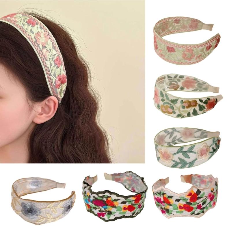 Hand-Made Cotton Linen Hairband Intricate Embroidery Blossom Design Adjustable Wide Band Unisex Hair Accessory