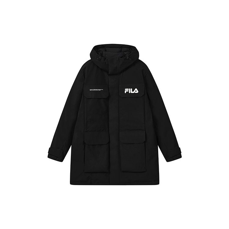 FILA Solid Color Hooded Warm Mid-Length Down Jacket Men Outerwear Black F11M249904FBK