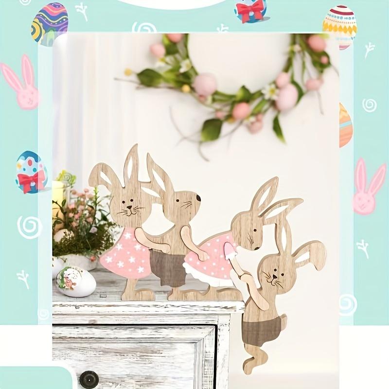 Rustic Wooden Easter Bunny Family Desktop Ornament, Mixed Color, 3D Decoration, No Electricity Required, with Bunny Accessories, for Home and Outdoors