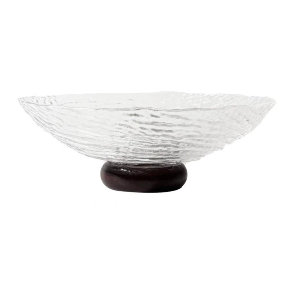 French Style Transparent Glass Fruit Plate Wooden Base Large Fruit Serving Tray Minimalist Dry Fruit Placed Tray Salad Serving