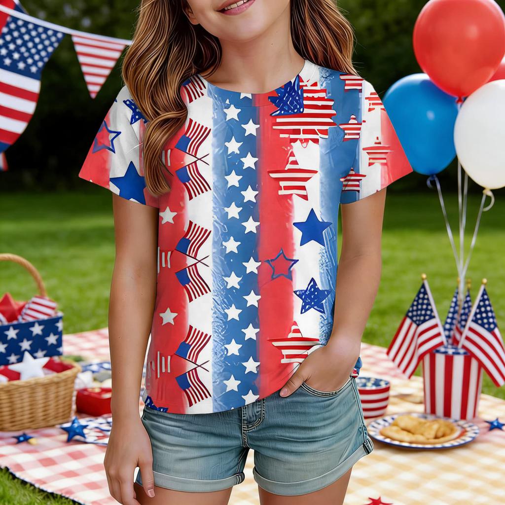 Kids Independence Day Print Round Neck Short Sleeve Casual T-shirt