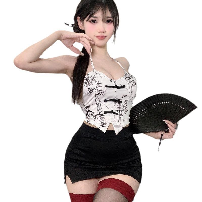Sexy lingerie filling sexy Chinese neck cheongsam short skirt printing hot girl belly pocket temptation