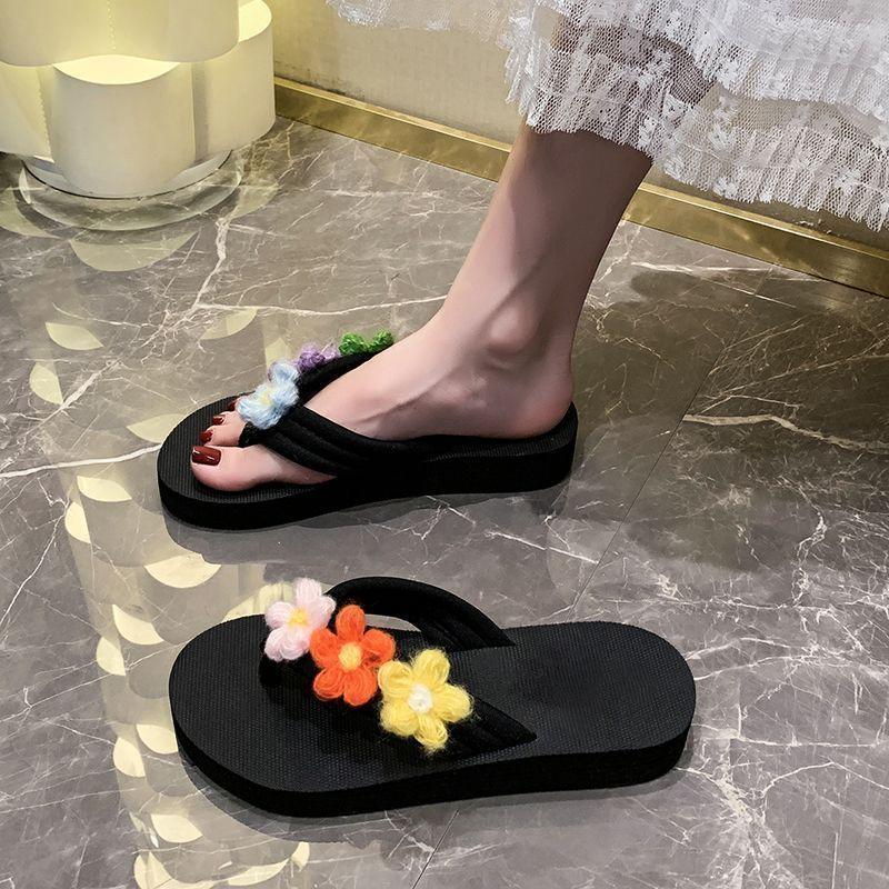 Flower Thick-soled Wedge Heel Fashion Cool Slippers Women's 2025 Summer New Flip-flops Women's Vacation Beach Shoes Women's Outer Wear
