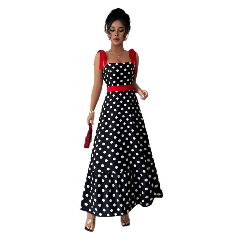 Womens Polka Dot Wrap Waist A-Line Maxi Dress With Bow Detail Elegant Sleeveless Date Vacation