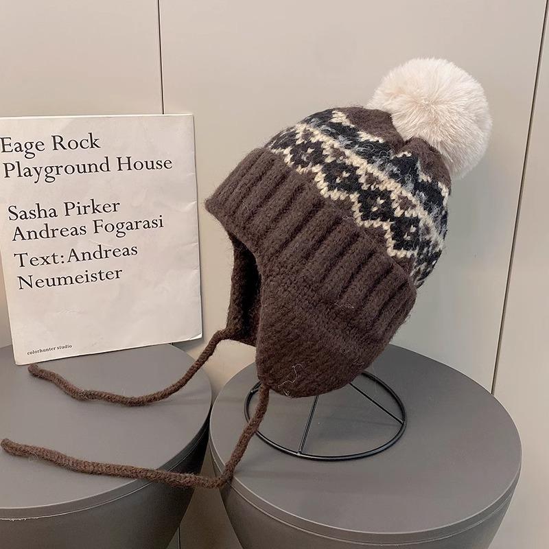 

Шапка-ушанка в стиле Фэр-Айл, ретро, с защитой ушей, шерстяная, женская, утолщенная, теплая, осенне-зимняя, вязаная шапка, тренд M（56-58cm）