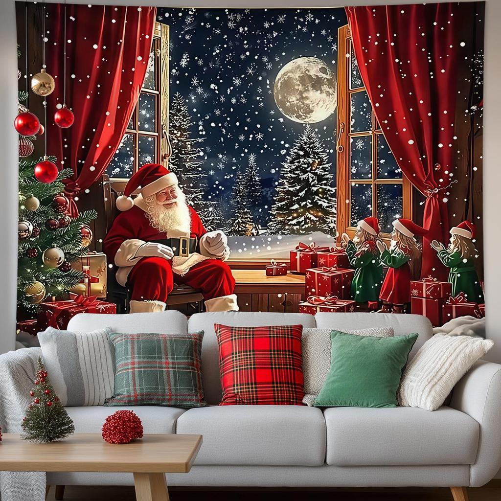 Christmas Tapestry Fairy Lights Christmas Tree Snowy Window Scene Red Curtains Christmas Event Backdrop Background Cloth