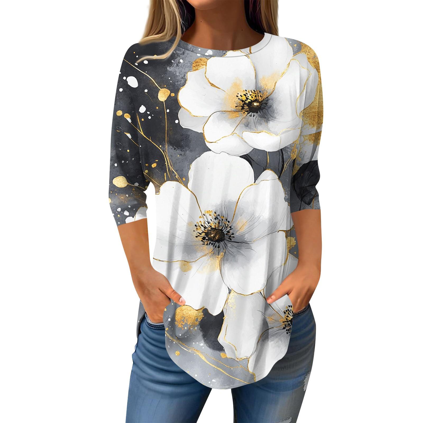 

3/4 Sleeve Shirts For Women Cute Tops Graphic Tees Blouses Casual Plus Size Basic Tops Pullover XXL фиолетовый