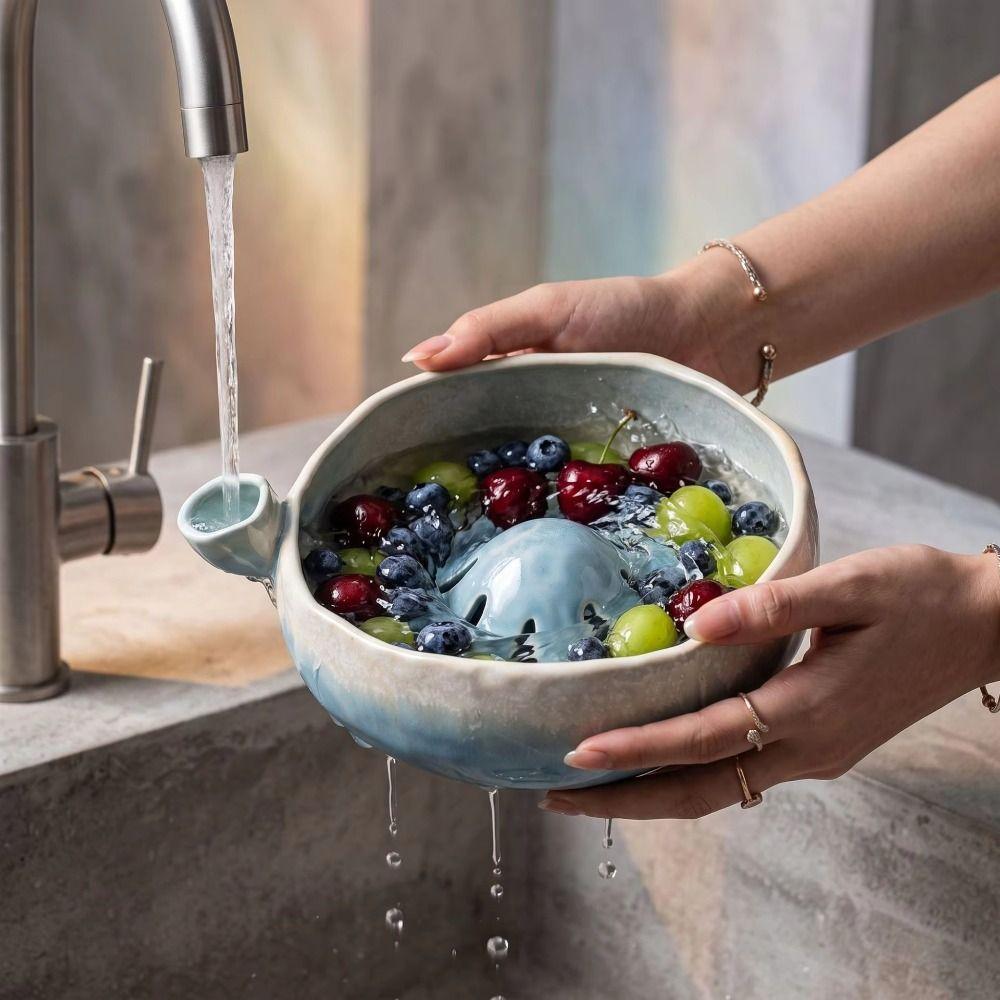 Easy-clean Ceramic Berry Colander Bowl Drainage Hole Berry Swirling Rinse Basin  Kitchen Tool