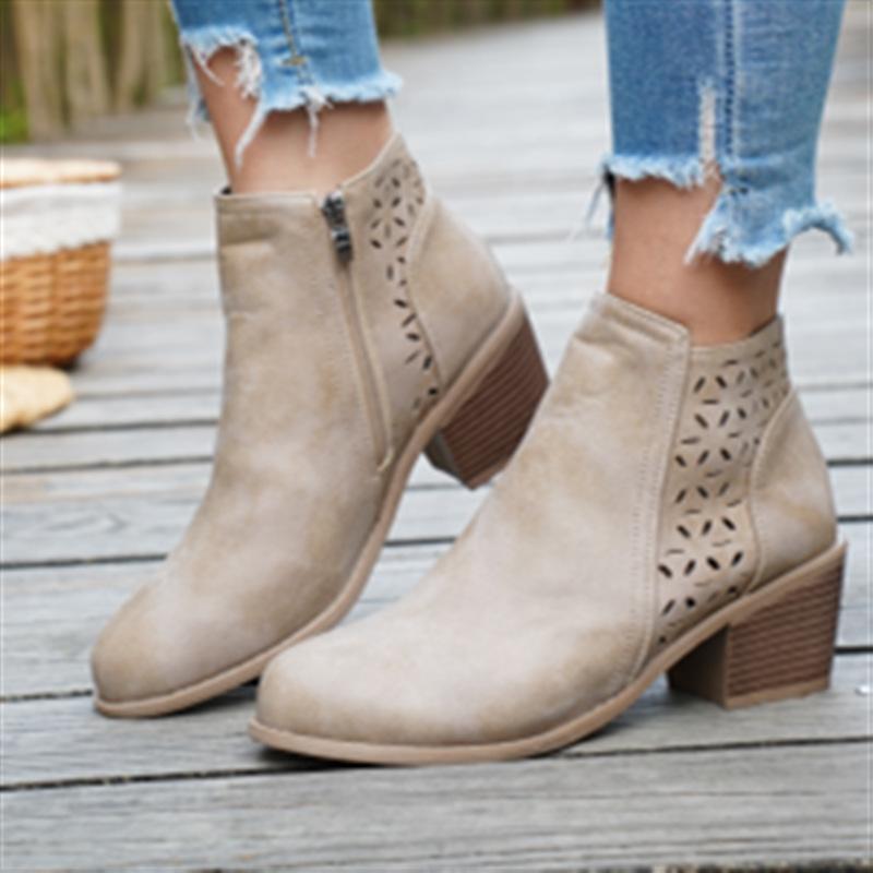 Autumn Coarse Heel Medium Heel Round Head Chelsea Boots Children's Side Zipper Hollow Fashion Women's Boots