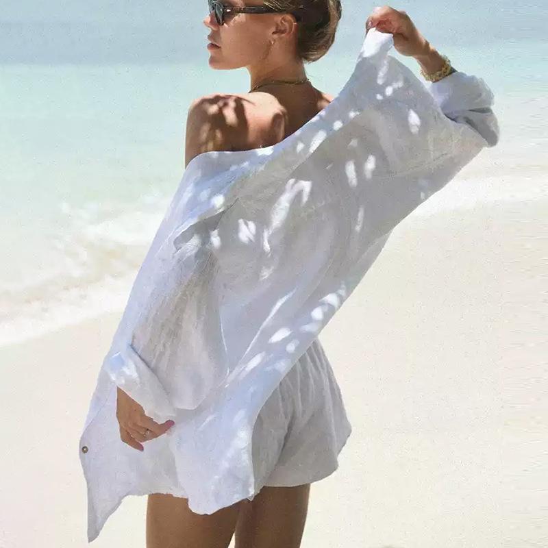 

Linen Shirt: Loose Vacation Style, Turn-Down Collar, Pleated, Side Buttons, Breathable Cotton-Linen, Sun Protection Cardigan Large