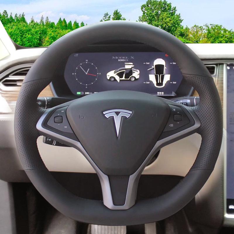 For Tesla modelS Model X Model 3 DIY Custom Leather Suede Steering Wheel Cover Car Wheel Cover Interior