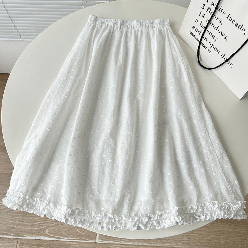 

Floral Embroidered Ruffle Midi Skirt - Women s 2025 Summer High-Waist Versatile Skirt Medium белый