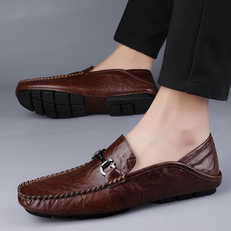 Fashion Handmade Genuine Leather Men Shoes Italian Lightweight Loafers Men Light Casual Shoes Non-slip Driving Footwear High-end Flats