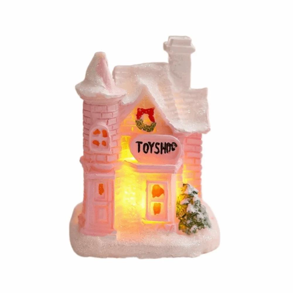 Resin Christmas Glowing Small House Luminous Cute Christmas House Ornament Pink Elegant Christmas Decorations Figurines