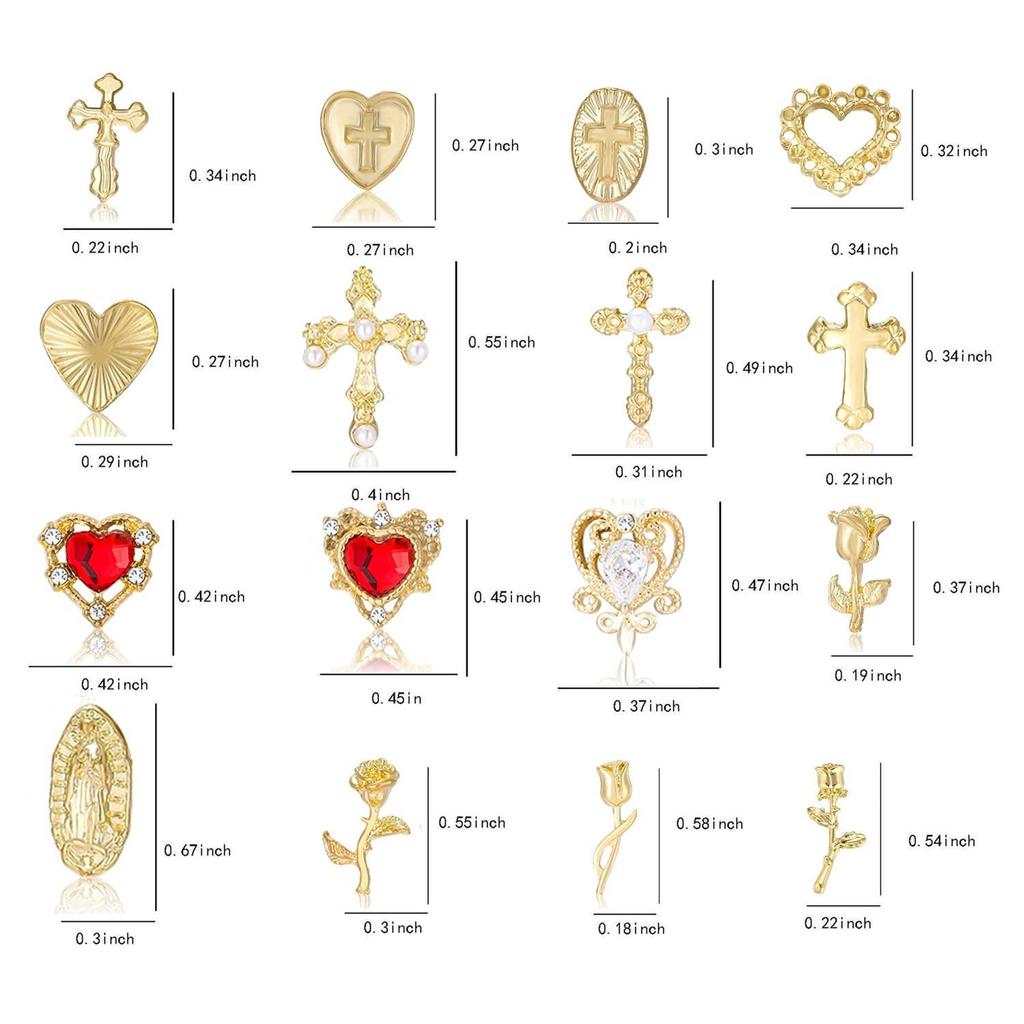 64-Piece Gold Nail Charm Set: Cross, Heart, Rose - Y2K 3D Chrome Decorations