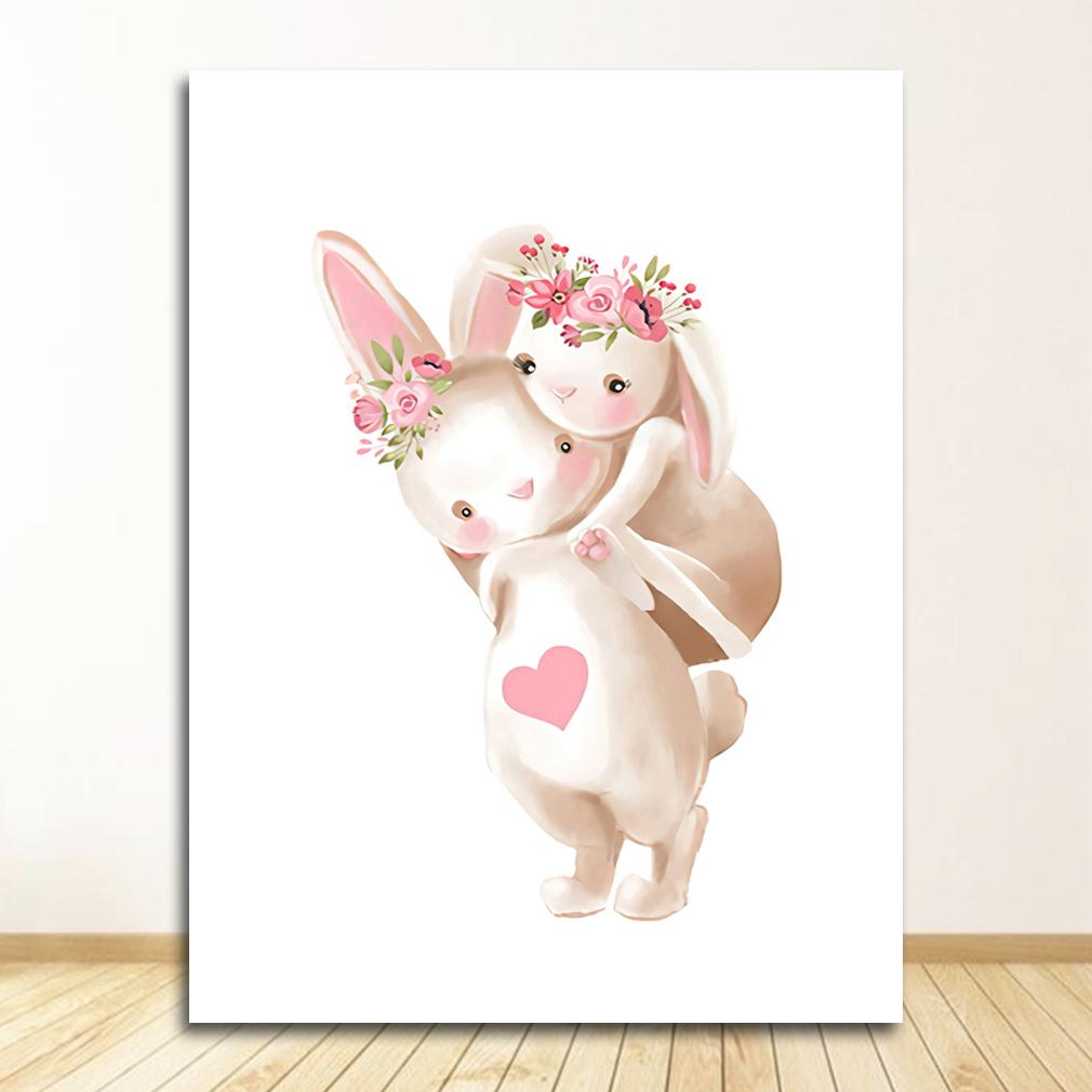 Pink Flowers Girl Baby Room Decor Cartoon Picture Bunny Poster Paintings Animals Nursery Wall Art Print Rabbit Canvas Painting