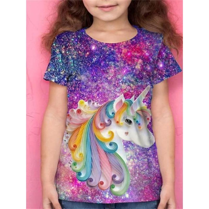 Summer Round Neck 3D Cartoon Horse Printed Top Fashionable Casual Short Sleeved Children's Girl T-shirts