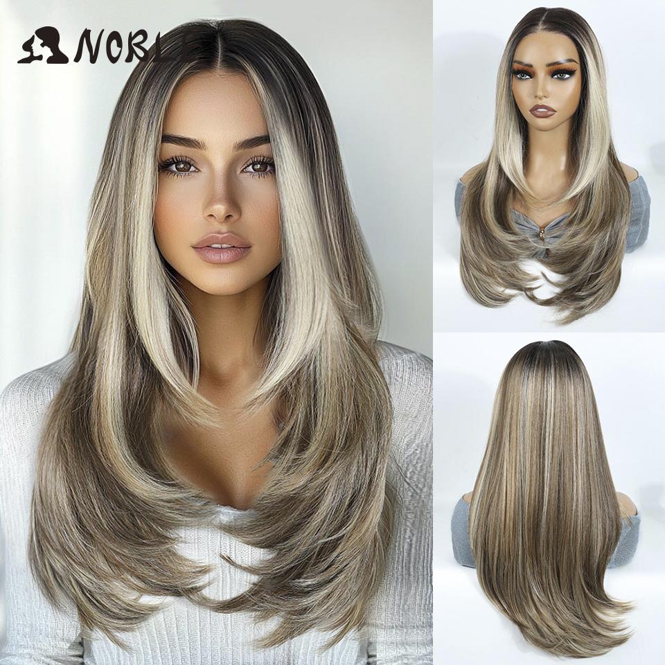 Edle Synthetische Spitze Front Perücken für Damen 24 Zoll Gerade Spitze Perücke Ombre Braun 6x4 Vorzupft Vor geschnitten Anziehen und Los Gehen Klebstofflose Perücke