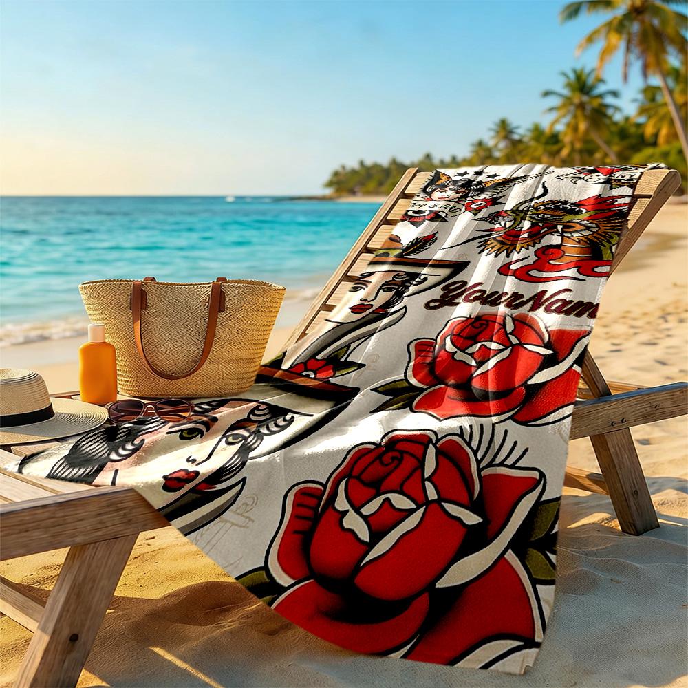 Tattoo Style Customizable Name Beach Towel High Absorbency & Quick-Dry Perfect for Traveling Yoga Camping and Swimming