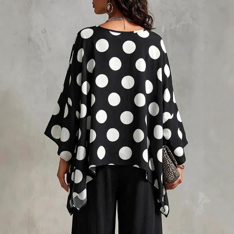 Women Polka Dot Print V Neck Patchwork Loose Casual Blouse Top