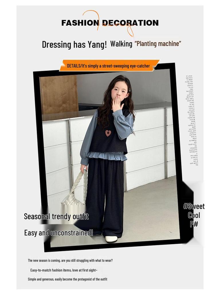 Autumn 2025 Girls' Three-Piece Set: Stylish Vest, Shirt & Wide-Leg Pants