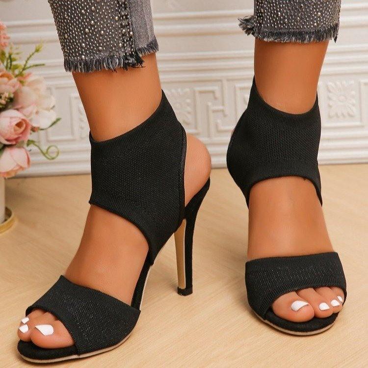 Fashion Women New Designer Knitted High Heels Sandals Summer 2025 Square Toe Thick Heeled Sandal Woman Sexy Slingbacks Black Party Shoes