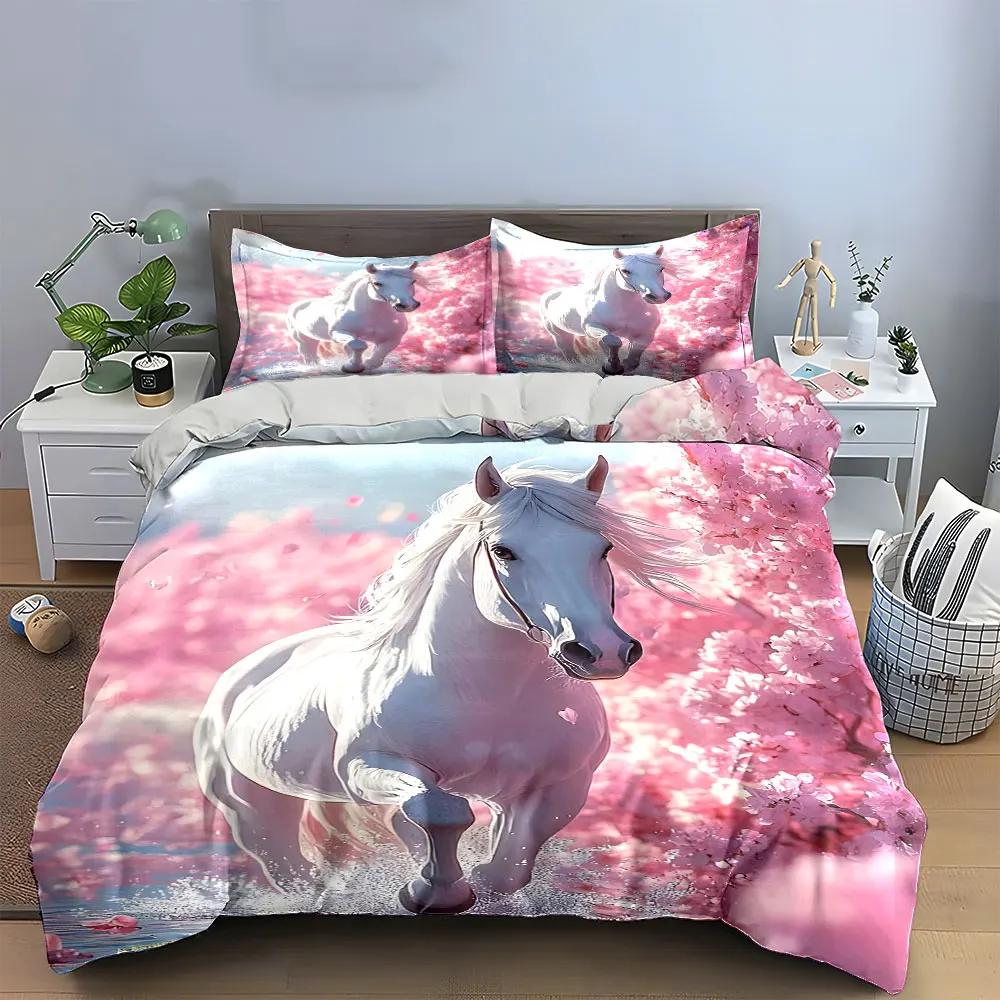 White Horse Sakura Scene Decor Soft Comfortable Duvet Cover Bedding Set Included 1*Duvet Cover & 2*Pillowcases gift