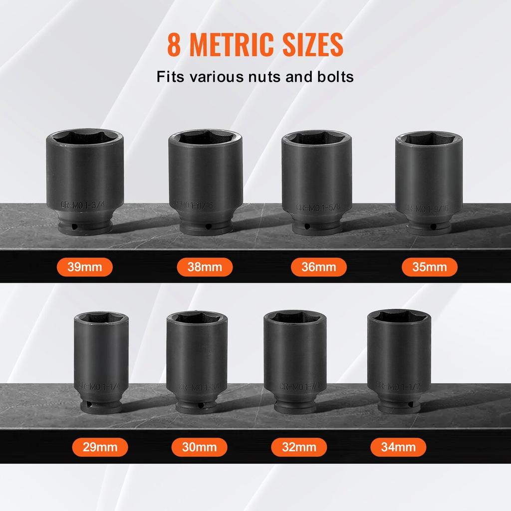 Axle Nut Impact Socket Set 1/2" Drive Deep 12-Point 8PCS Metric Nut Socket