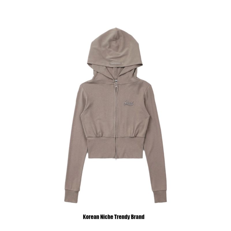 

South Korea Badblood American Style Silm Slim Looking Hooded Sweatshirt Casual Easiest for Match Embroider Zipper Outwear Female Autumn Tobacco color [gold cashmere hooded Sweatshirt]] S