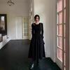 Black Hollow Out Long Sleeve A-Line Midi Dress High Waist Slim Fit Womens Elegant Chic Winter