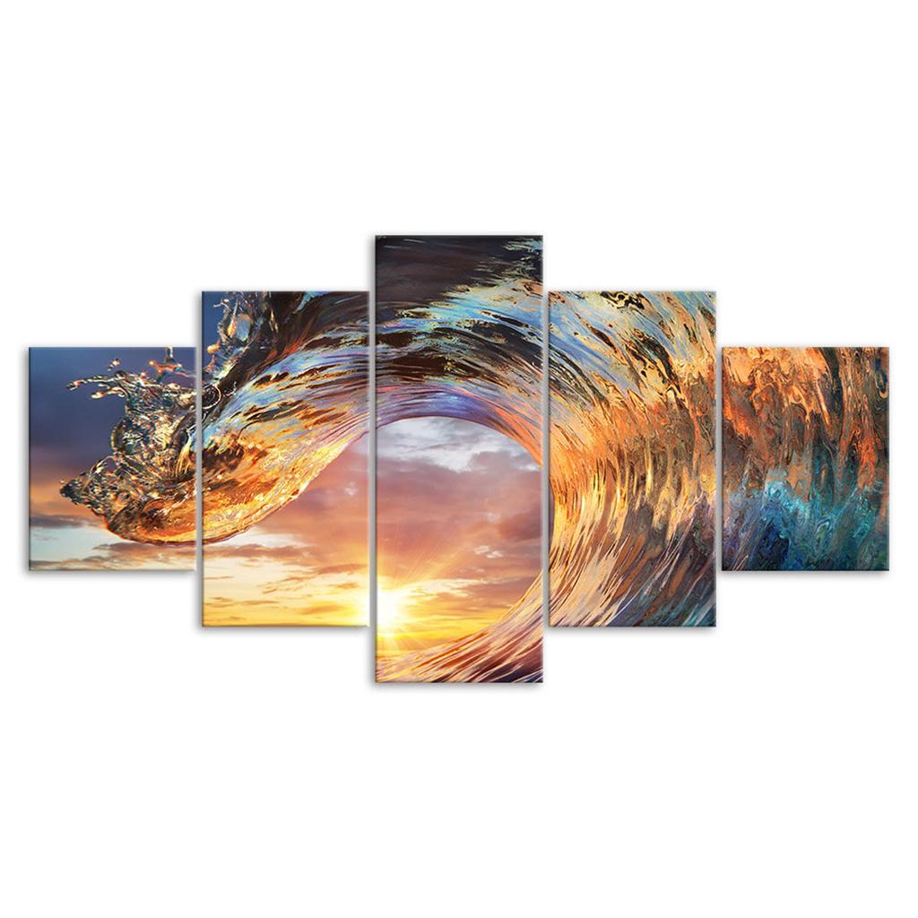 Sunset Beach Wave Ocean Scene 5 Piece Five Panel Wall Canvas Print Modern Art Poster Home Decor Gift For Him For Her