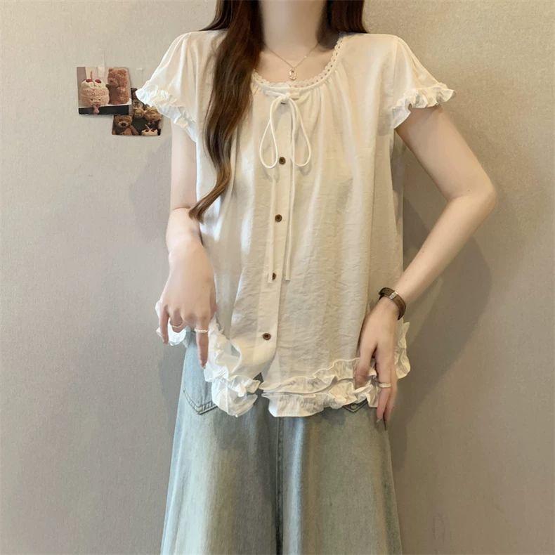White Ruffle Cap Sleeve Blouse with Neck Tie and Button Front, Loose Sweet Women Summer Top s белый