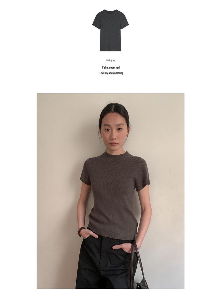CLEAN SPACE Women's Wool Blend Knitted T-Shirt, Spring 2025 Collection, Short Sleeve, Thirteen Rows Design