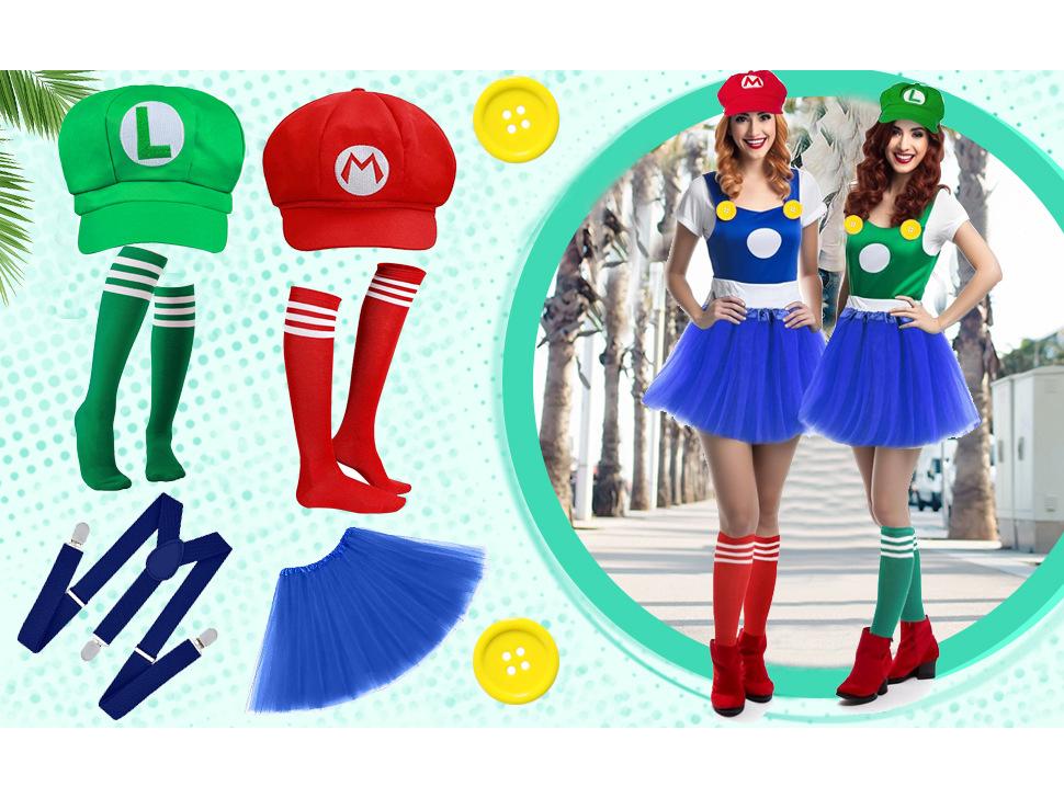 Mario Character Green Octagonal Cap with Navy Blue Strap, Mustache, and Gloves Costume Accessory Set