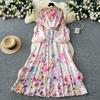Spring Summer Fashion Vintage Flower Maxi Dress Women's Stand Collar Long Lantern Sleeve Single Breasted Floral Print Belt Slim Boho Dress