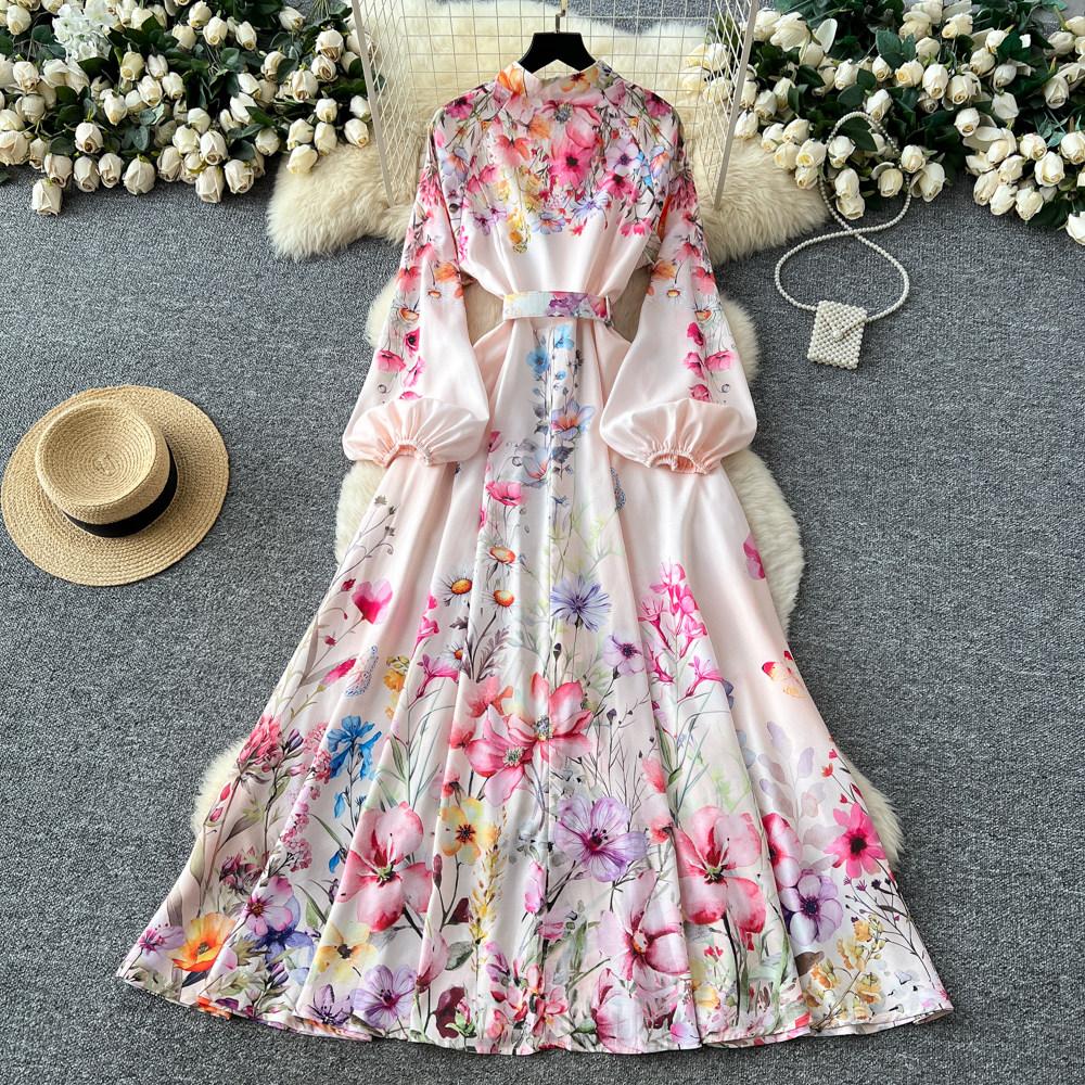 Spring Summer Fashion Vintage Flower Maxi Dress Women's Stand Collar Long Lantern Sleeve Single Breasted Floral Print Belt Slim Boho Dress